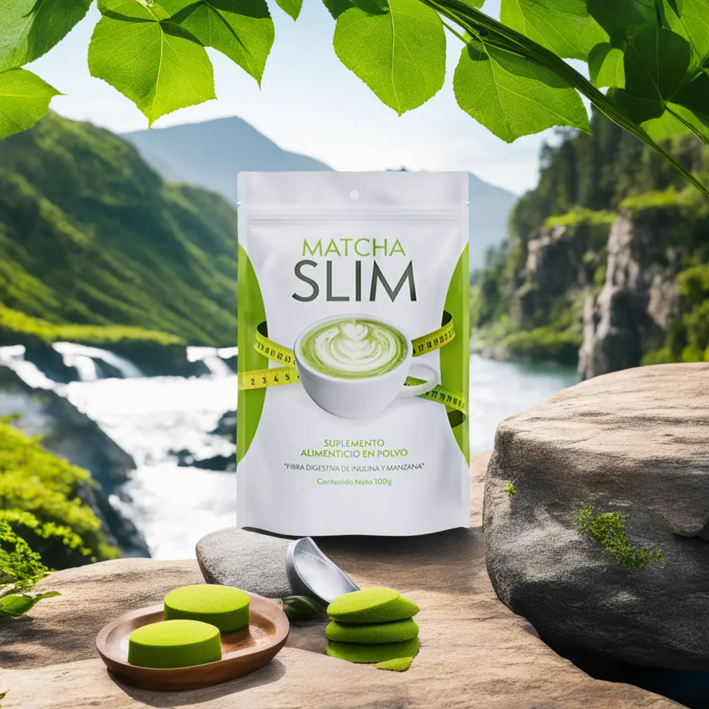 Empaque de Matcha Slim en un entorno natural destacando su origen orgánico