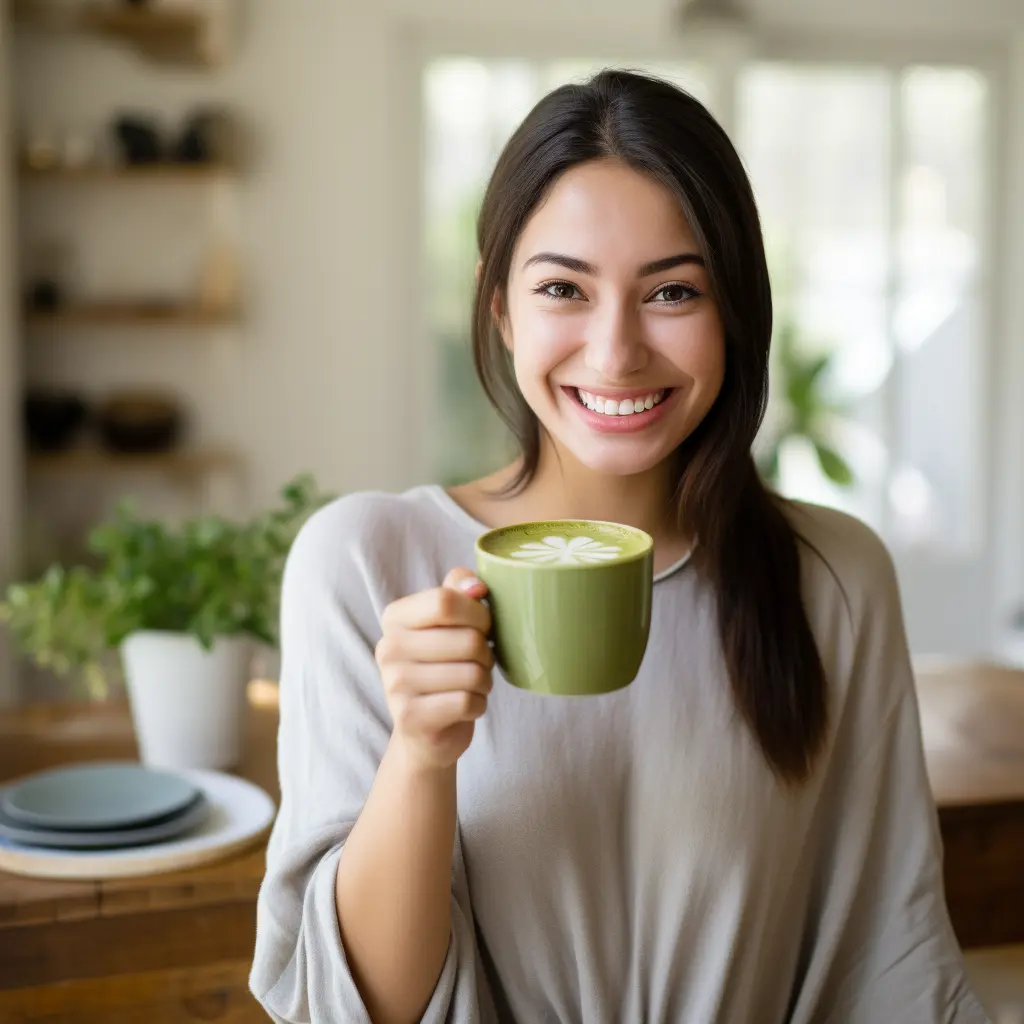 Mujer feliz sosteniendo una taza de té Matcha Slim