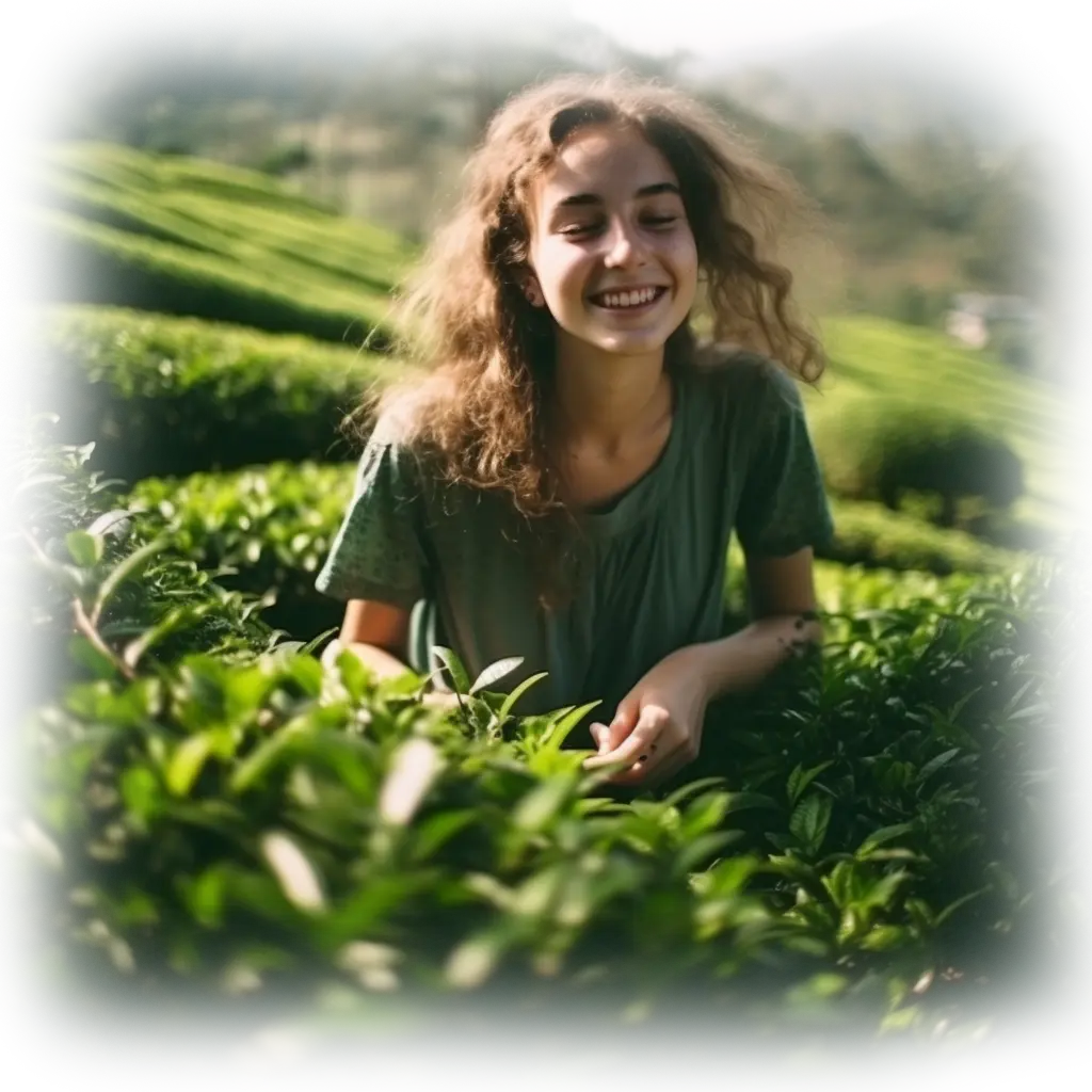 Joven feliz disfrutando de la plantación de té