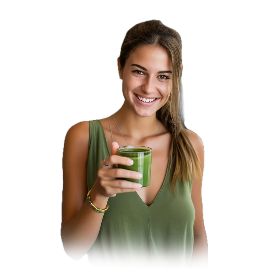 Mujer sosteniendo taza de té matcha y mostrando pulgar hacia arriba